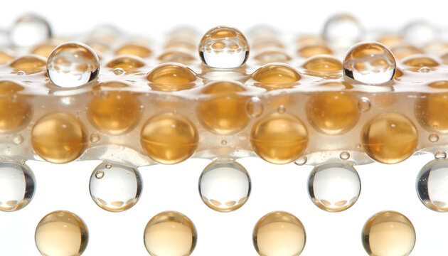 macro view of cosmetic gel with golden microcapsules and transparent droplets on white background skincare texture 3d render