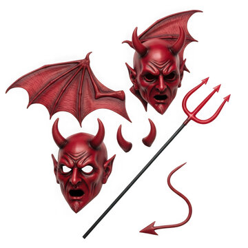 Devilish icons with wings, horns, and pitchfork on transparent background
