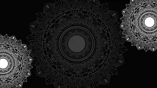 Animation of vintage Luxury mandalas background with old gold & white frame in arabesque pattern Arabic style, black screen mandala circle animation, eid mubarak and islamic background or diwali india
