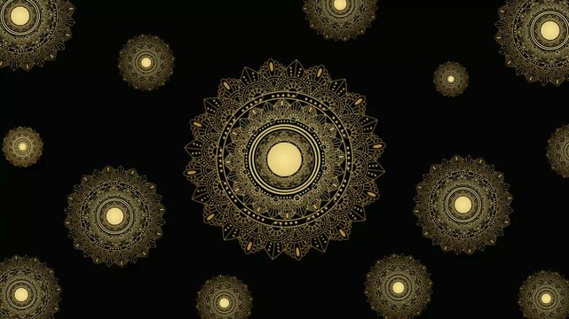 Animation of vintage Luxury mandalas background with old gold & white frame in arabesque pattern Arabic style, black screen mandala circle animation, eid mubarak and islamic background or diwali india
