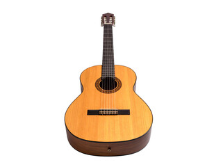 Obraz premium A classical acoustic guitar with light wood body and dark fretboard