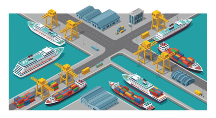 Isometric illustration of a busy harbor with cargo ships and cranes © Anjumanara Rakhi