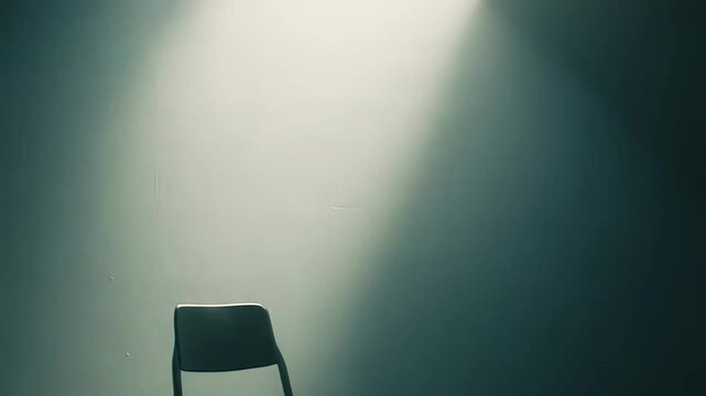 Empty chair presenting a dark, tense atmosphere with a strong spotlight illuminating a sparse wall, evoking concepts of interrogation, isolation, loneliness, and waiting in a minimalist room