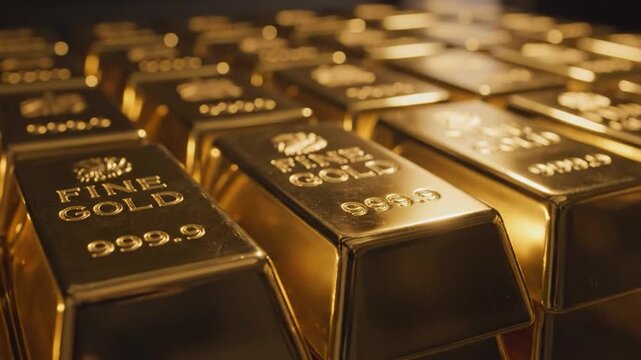 Close-up of polished gold bars stacked in a rows, glinting with light