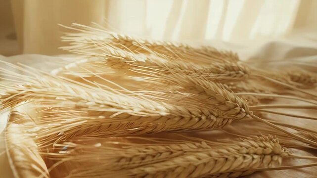 Golden wheat ears rest gently on natural fabric, bathed in soft sunlight, creating an inviting atmosphere symbolizing harvest, natural goodness, and rural tradition
