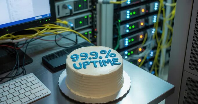 Celebrating 99.9 percent uptime in modern server room with cake