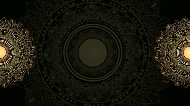 Animation of vintage Luxury mandalas background with old gold & white frame in arabesque pattern Arabic style, black screen mandala circle animation, eid mubarak and islamic background or diwali india