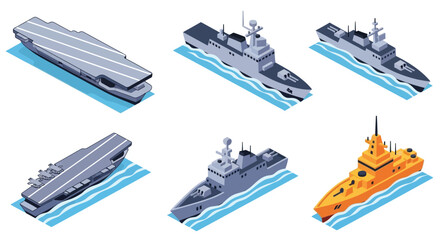 Isometric illustration depicting various naval warships and support vessels © Anjumanara Rakhi