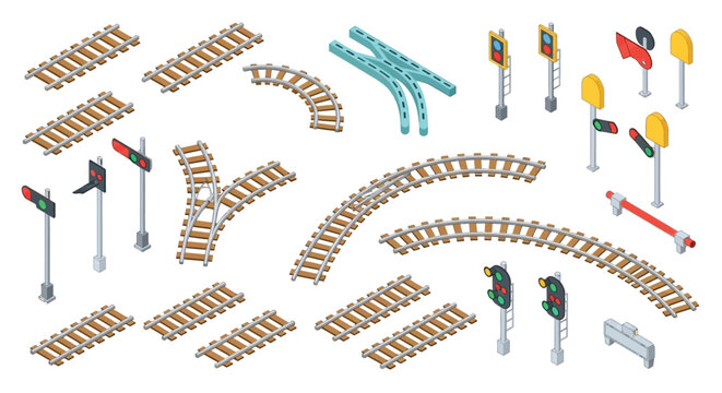 Isometric railway track set with curves switches and signal lights