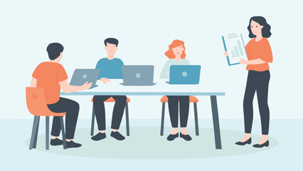 Fototapeta premium Office collaboration scene with team working on laptops and woman presenting