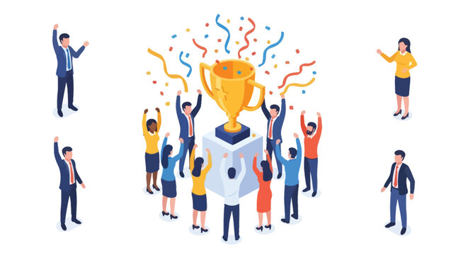 Isometric illustration of a team celebrating a victory with a golden trophy