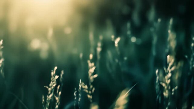 Warm sunlight bathes tall green grass and wheat in golden hour glow, soft bokeh background creating a tranquil, rural summer field scene full of warmth and calmness