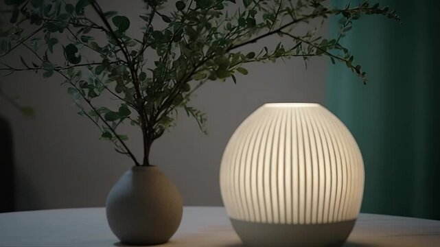 Modern ultrasonic aroma diffuser emitting soft light next to a vase with green plant branches, creating a calm and relaxing atmosphere in a home interior
