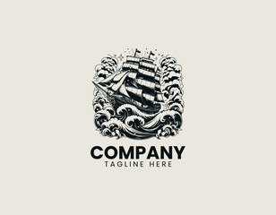 Vintage sailing ship illustration shows classic maritime vessel on stylized ocean waves