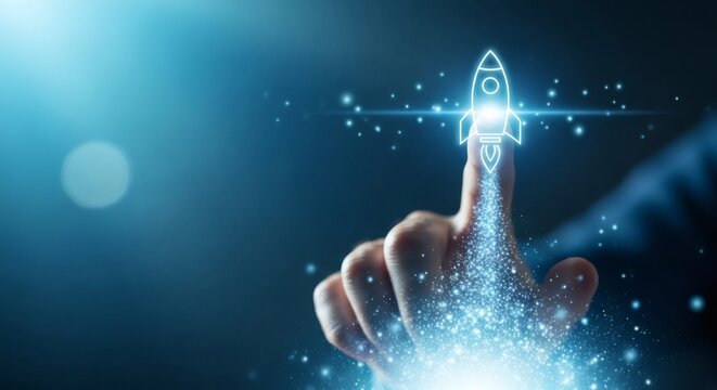 Digital hand launching a glowing rocket icon, symbolizing startup success, innovation, and future technological growth