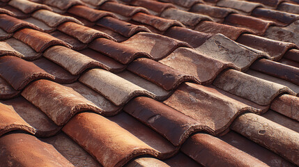 A detailed view of a tiled roof, showcasing the texture and pattern