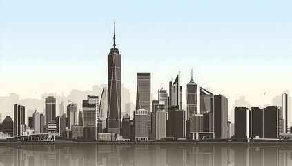 Obraz premium Modern City Skyline With Tall Buildings Reflected In Water Under A Hazy Sky