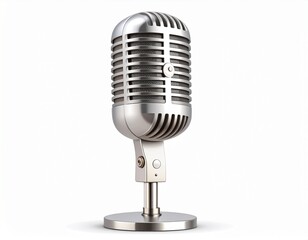Fototapeta premium Vintage silver microphone on a stand, close-up view, studio equipment, professional recording device, silver finish