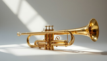 Obraz premium Golden trumpet musical instrument brass shine elegance on white surface under soft studio light shadow
