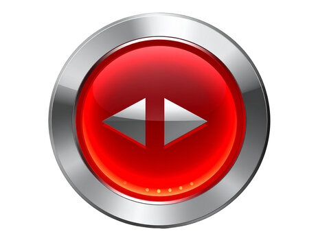 A shiny, metallic-rimmed, glowing red button with two opposing arrows