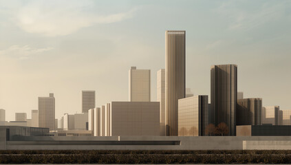 Naklejka premium Modern Cityscape with Tall Buildings and Hazy Sky at Golden Hour