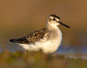 A small shorebird with brown and white feathers