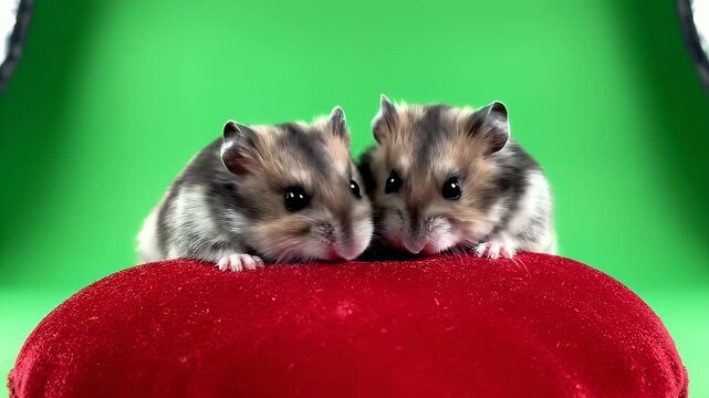 Two Adorable Hamsters on Red Pillow - This video features two very cute, young hamsters resting on a red velvet pillow.