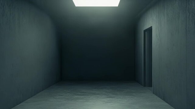 Empty concrete corridor with a single rectangular ceiling light casting stark shadows on textured walls and floor, leading toward a partially visible closed door and ominous exit