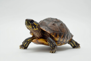 Obraz premium Box turtle turtle reptile pet animal wildlife shell isolated white closeup studio yellow brown pattern scale leg claw head eye portrait side view