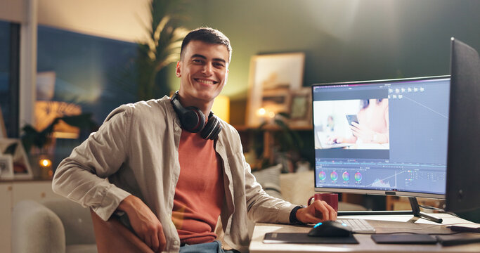 Happy man, portrait and night with video editor on computer for digital marketing in office. Male people, creative or designer working late with smile on technology for UI development or app design