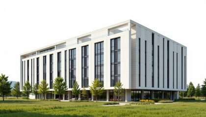 Naklejka premium Modern building office facade glass window white architecture business exterior contemporary design corporate building green landscape sunny day