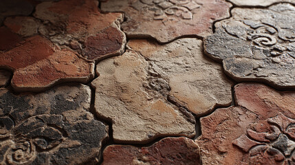 Fototapeta premium Close-up of a decorative mosaic tiled pattern composed of irregularly shaped pieces with floral designs