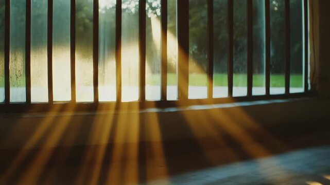 Sunbeams stream through a window, illuminating an empty room and creating warm, golden, striped light and shadow patterns across the floor, symbolizing hope and new beginnings