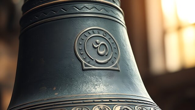 oganesson. Ancient bronze bell with detailed texture and visible ripples in the air. event programs, museum guides, designed for cultural heritage projects and event programs, preserves heritage.