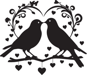 Happy Valentine&rsquo;s Day romantic icon set with hearts, love birds and couple silhouettes on white background