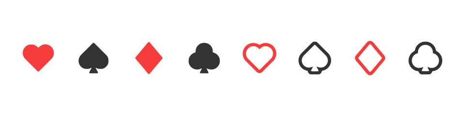 Playing card suit icons set including hearts diamonds clubs and spades in red and black solid fill and outline styles for games and design elements classic casino symbols vibrant and monochrome