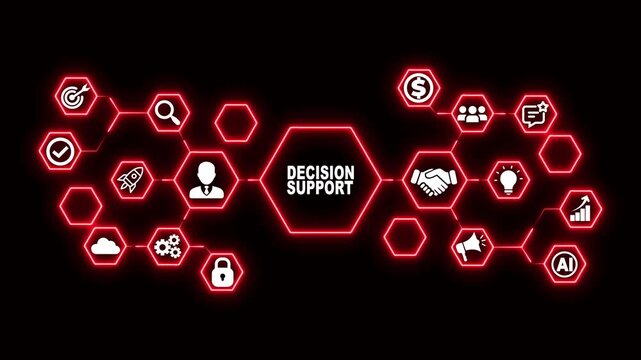 Decision Support Hexagon Technology Animation with Strategic Analysis Icons, Futuristic Digital Interface and Business Intelligence Concept