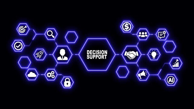 Decision Support Hexagon Technology Animation with Strategic Analysis Icons, Futuristic Digital Interface and Business Intelligence Concept