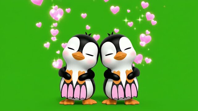Cartoon Penguin Love - Two adorable cartoon penguins stand side-by-side against a bright green background. Pink hearts float and sparkle above them, symbolizing love and affection.