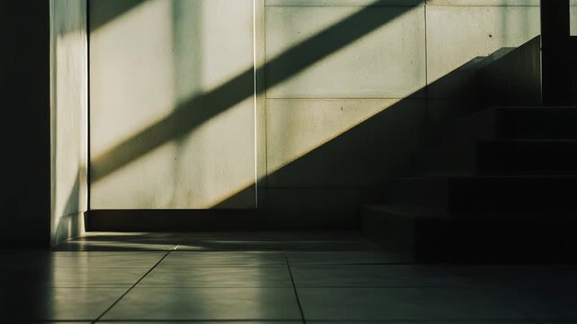 Architectural scene capturing an empty indoor space with a tiled floor and concrete wall, highlighting a shadowy staircase contrasting with bright diagonal sunlight