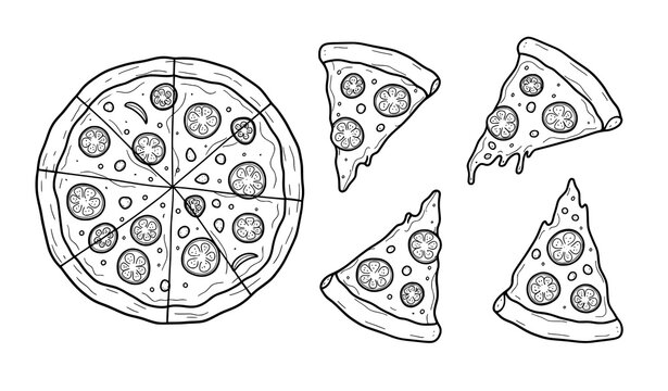 Hand drawn pizza outline doodle vector with slices and whole pie
