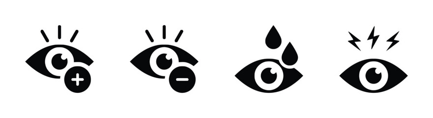 Set of four stylized eye icons depicting vision-related concepts like zooming in, zooming out, eye drops, and eye strain with lightning symbols.