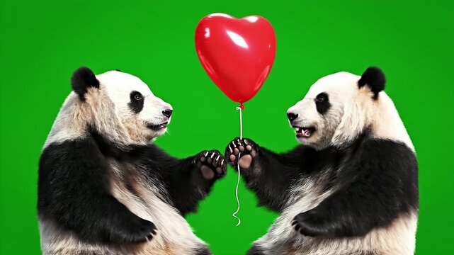 Two Pandas Holding a Heart Balloon - Two pandas stand side by side against a bright green background, jointly holding the string of a vibrant red, heart-shaped balloon.