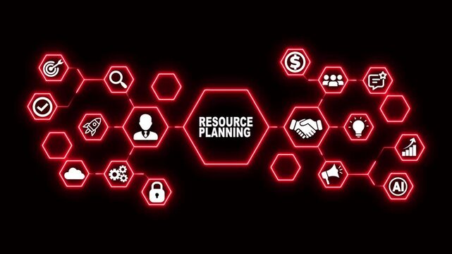 Resource Planning Hexagon Technology Animation with Allocation and Management Icons, Futuristic Digital Interface and Enterprise Resource Optimization Concept