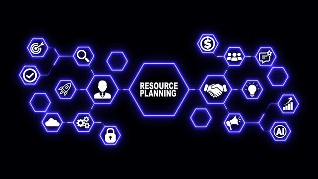 Resource Planning Hexagon Technology Animation with Allocation and Management Icons, Futuristic Digital Interface and Enterprise Resource Optimization Concept