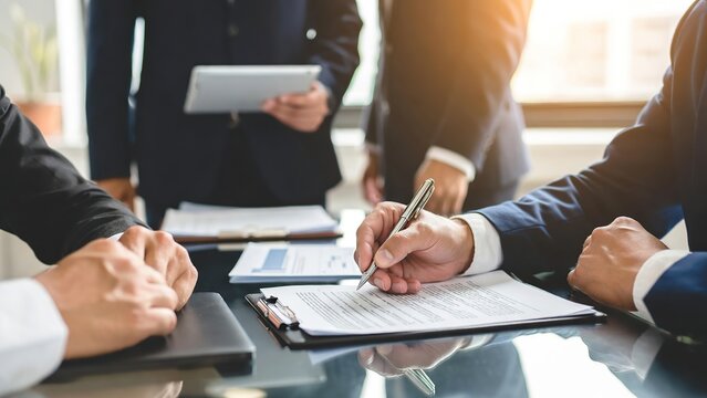 A businessman's hand signing an important official contract during a formal meeting with colleagues in the office.
