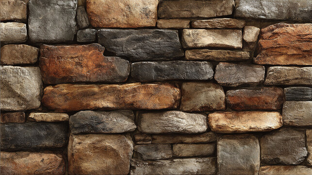 A detailed view of a sturdy stone wall with various textures and colors