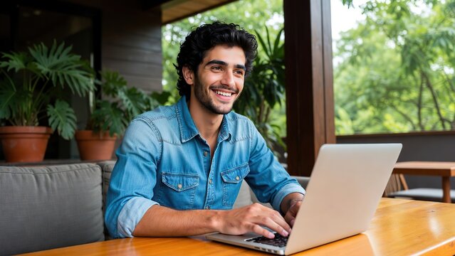 A happy young handsome man with a beard smiles while working on his laptop at an outdoor cafe.