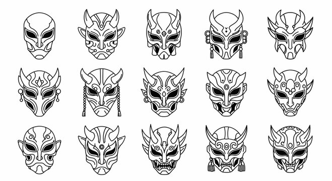 Collection of traditional japanese oni masks in various designs and patterns showcasing cultural heritage and symbolic significance in black and white illustrations.