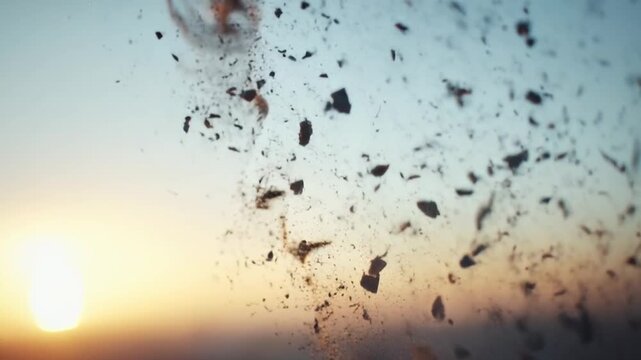 Particle effect showing abstract emotional loss concept. A silhouette dissolving into particles at sunset, representing introspection and solitude.